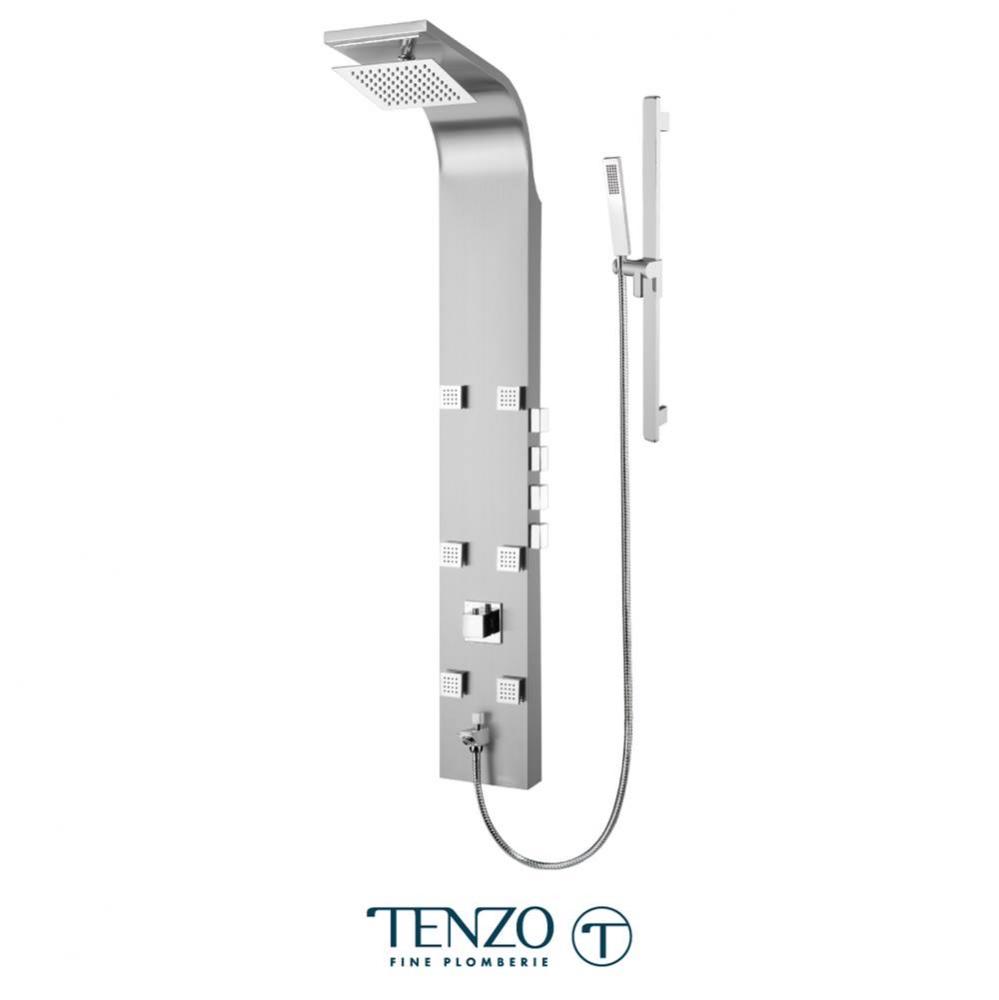 Shwr col. stain. steel (Sh. head waterfall 6 jets hand shwr) thermo./vol. ctrl valve brushed